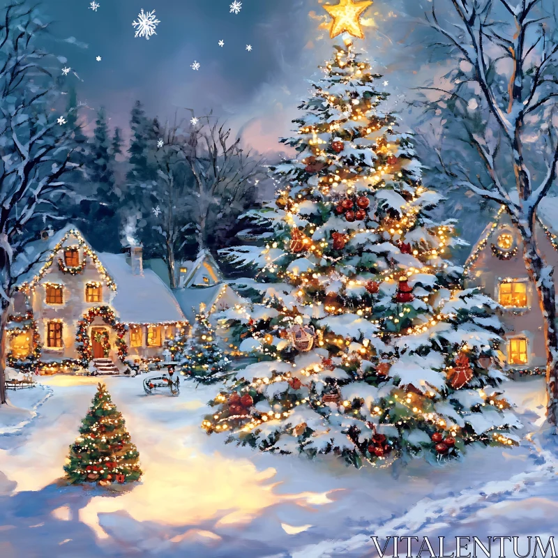 Snowy Christmas Tree in Winter Wonderland AI Image