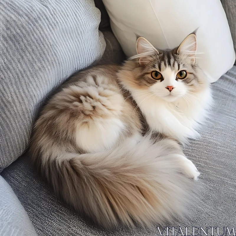 Relaxed Fluffy Cat on Sofa AI Image