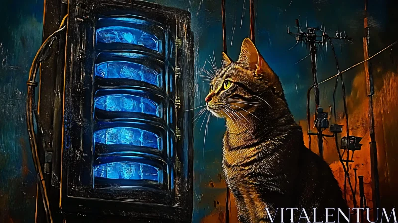 AI ART Urban Night Scene with Cat and Blue Glowing Device