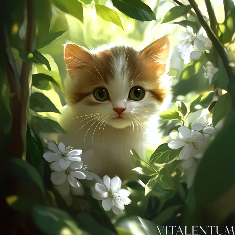 Fluffy Kitten Surrounded by Nature AI Image