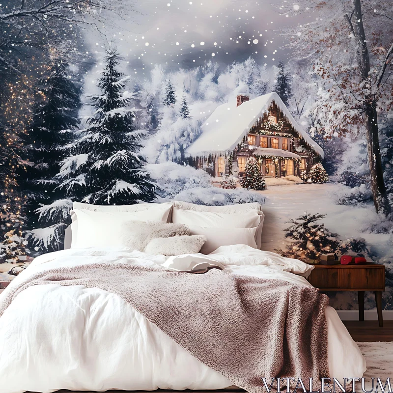 Comfortable Bedroom with Winter Cabin View AI Image