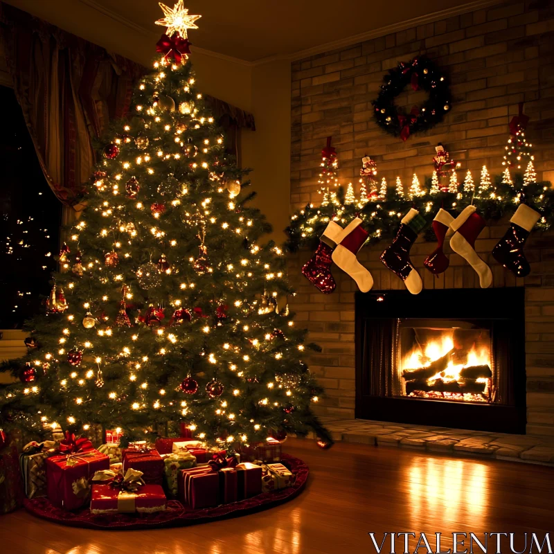 Holiday Decor: Christmas Tree and Fireplace AI Image