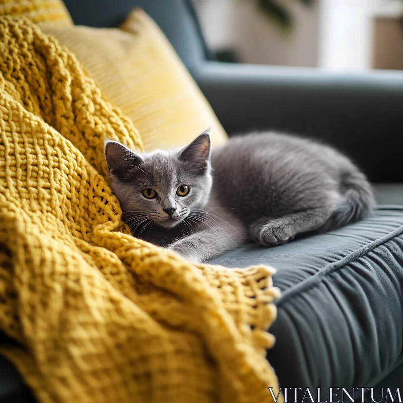 Relaxed Grey Cat on Couch AI Image