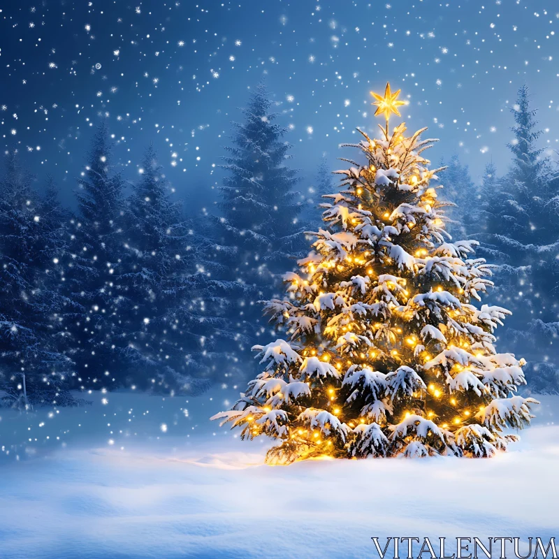 Festive Christmas Tree with Golden Lights in a Snowy Forest AI Image