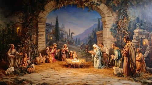 Serene Nativity Scene with Shepherds and Animals