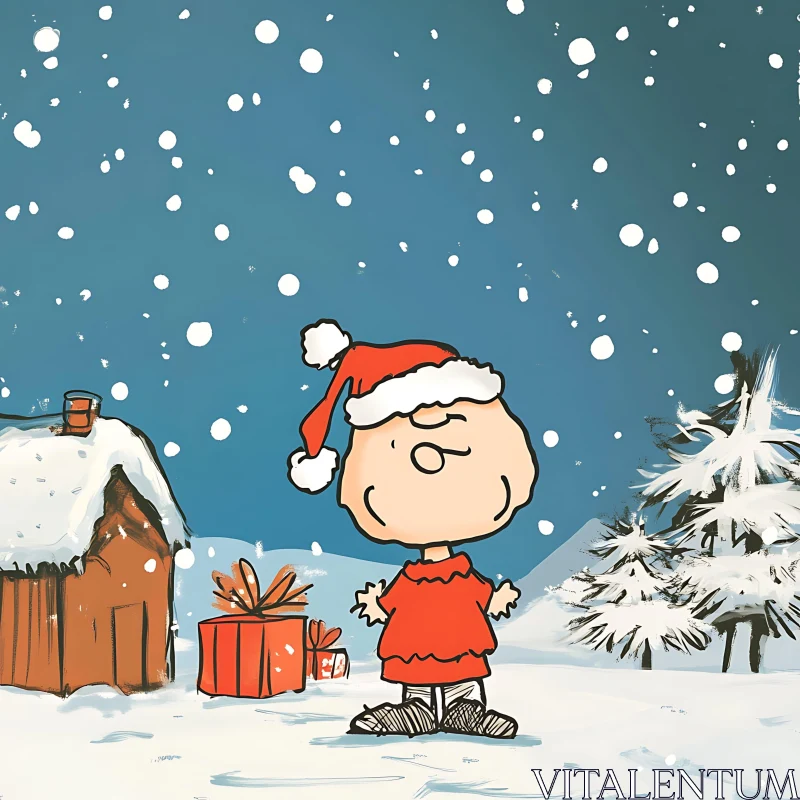 Festive Cartoon Scene with Snow and Gifts AI Image