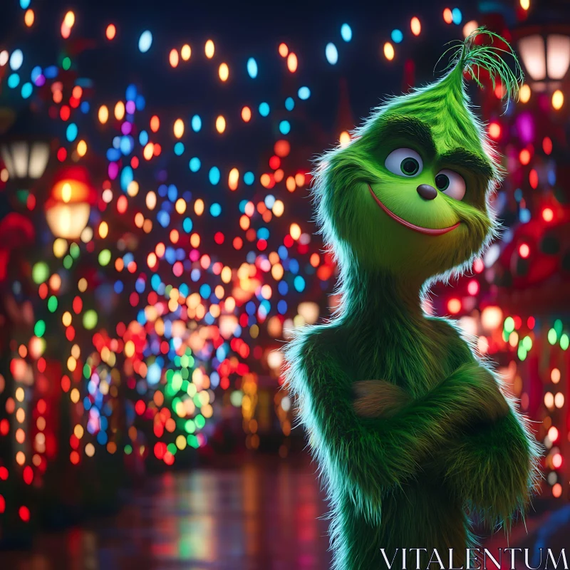 Whimsical Green Character in Christmas Lights AI Image