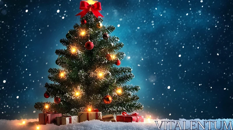 Festive Tree with Presents on Snowy Night AI Image