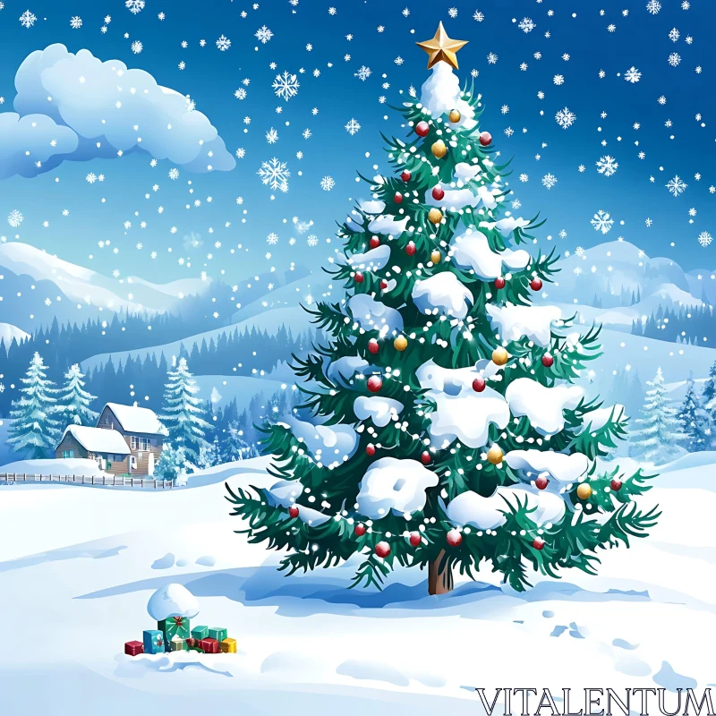 Holiday Tree in Snowy Scenery AI Image