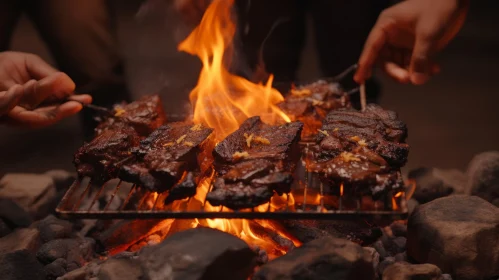 Cooking Steaks on Charcoal Fire: Close-up with Flames