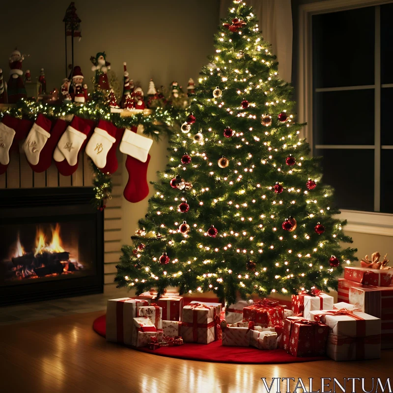 Festive Living Room with Christmas Tree and Fireplace AI Image