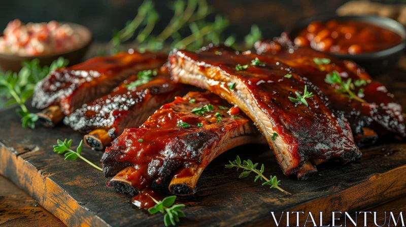 Delicious Barbecued Pork Ribs on Wooden Cutting Board AI Image