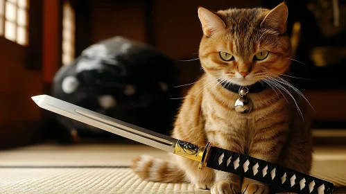 Samurai Tabby Cat with Katana in Japanese Setting