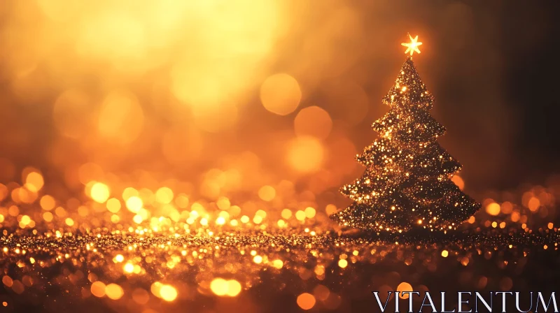 Festive Golden Glitter Christmas Tree with Warm Glow AI Image