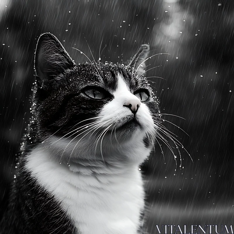 Reflective Cat in Monochrome Rain AI Image