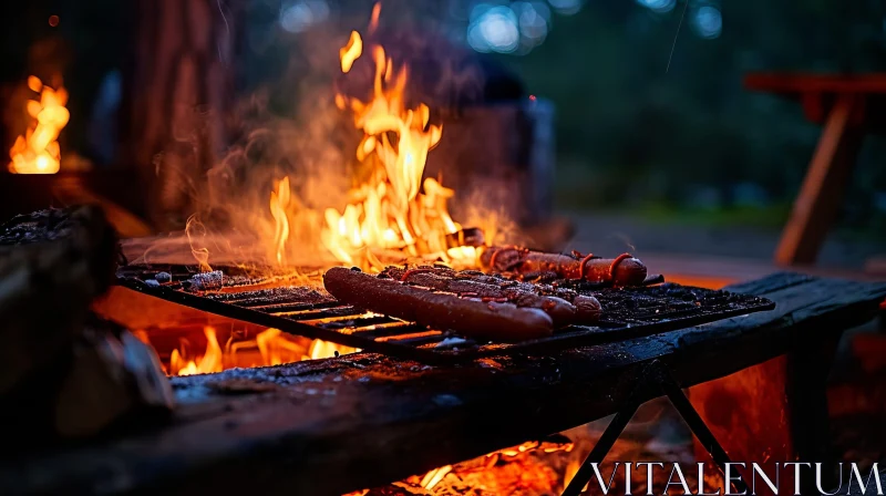Night Scene Campfire with Sausages on Grill in Forest AI Image