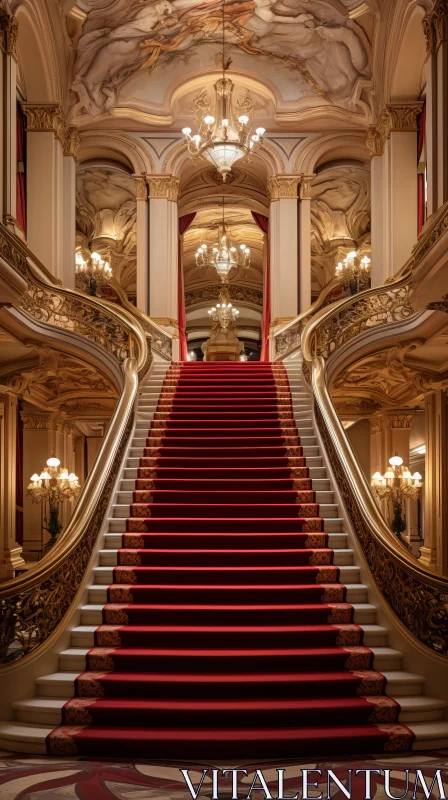 Opulent Architecture: Elegant Building with Ornate Staircase and Red Carpet AI Image
