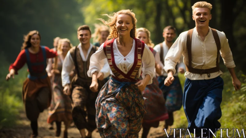Vivid Folk Costume Run in the Forest - Captivating Traditional Scene AI Image