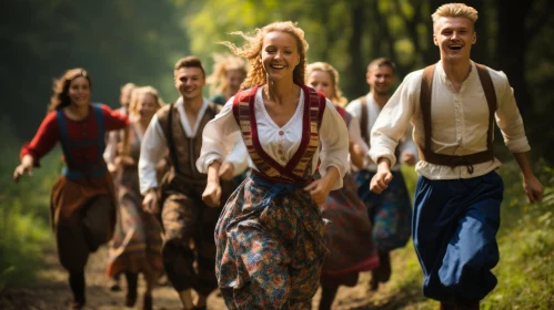Vivid Folk Costume Run in the Forest - Captivating Traditional Scene