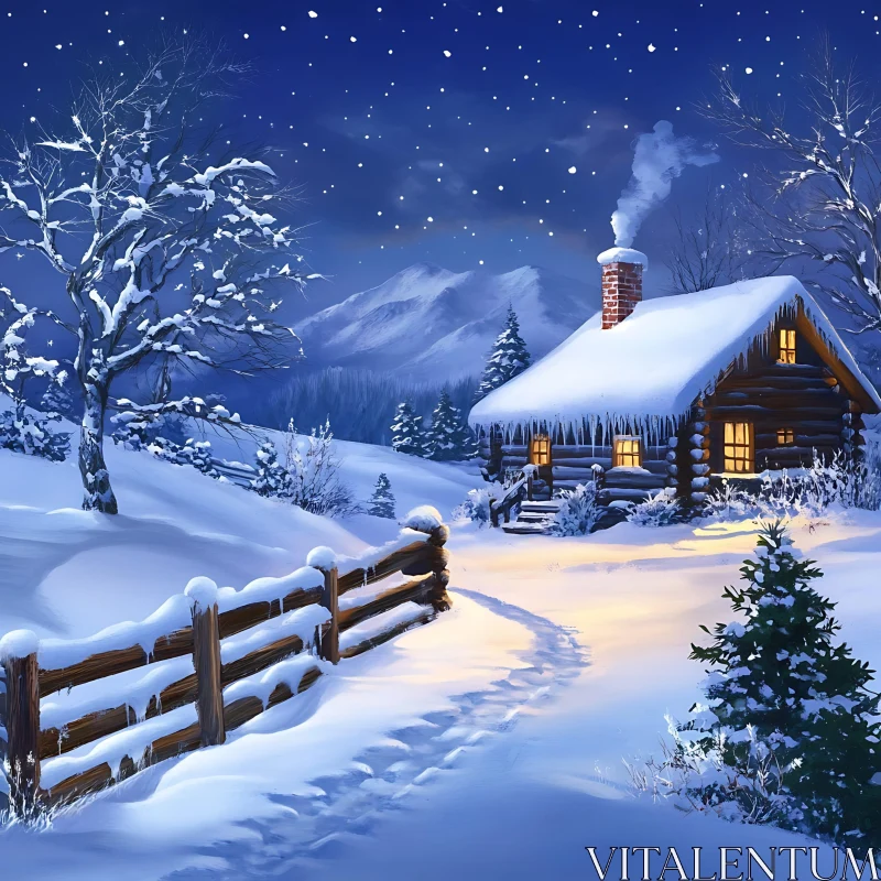 Cozy Snow-Covered Cabin with Mountain Backdrop AI Image