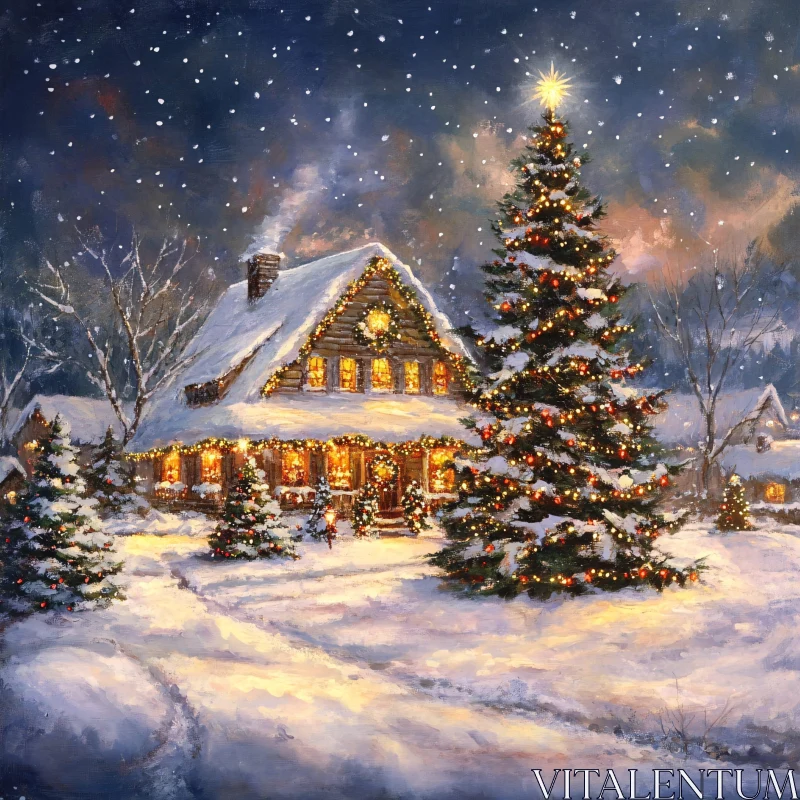 Festive Winter Wonderland House Decorated with Christmas Lights AI Image