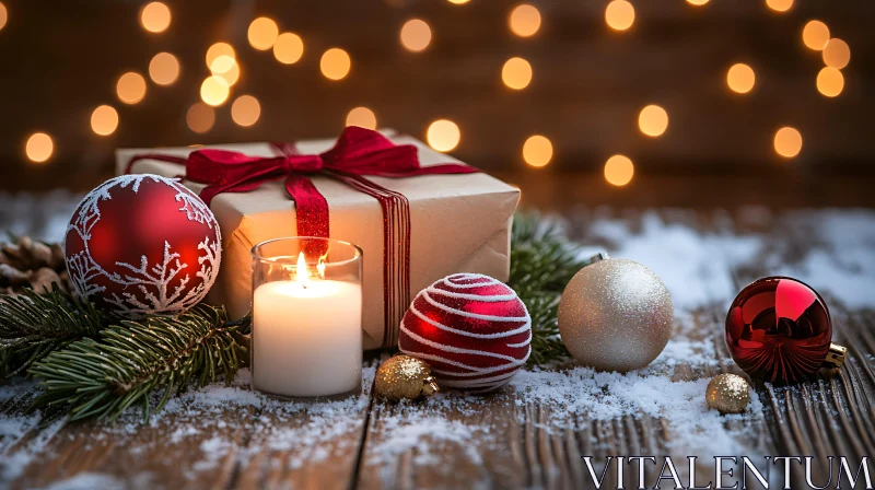 Holiday Decorations with Candle and Gift Box AI Image