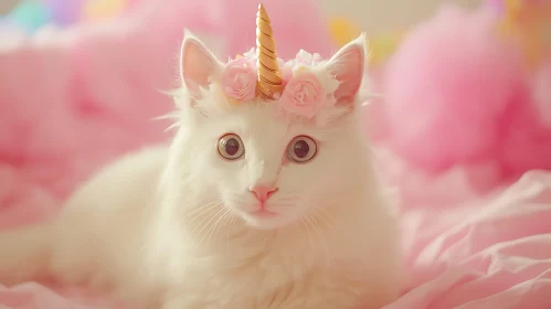 Fantasy White Cat with Unicorn Horn and Floral Crown