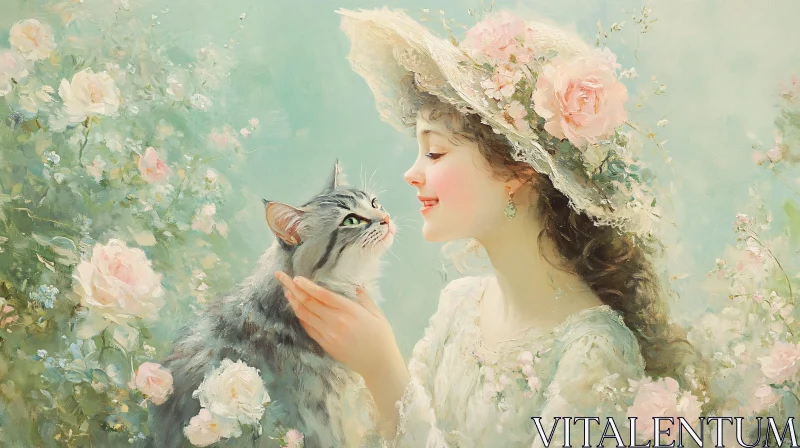 Woman and Cat in Bloom AI Image