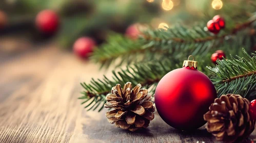 Holiday Decor with Red Bauble and Pine Cones