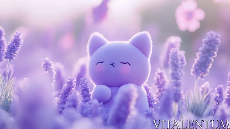 Plush Toy Cat Amidst Blooming Lavender Flowers AI Image