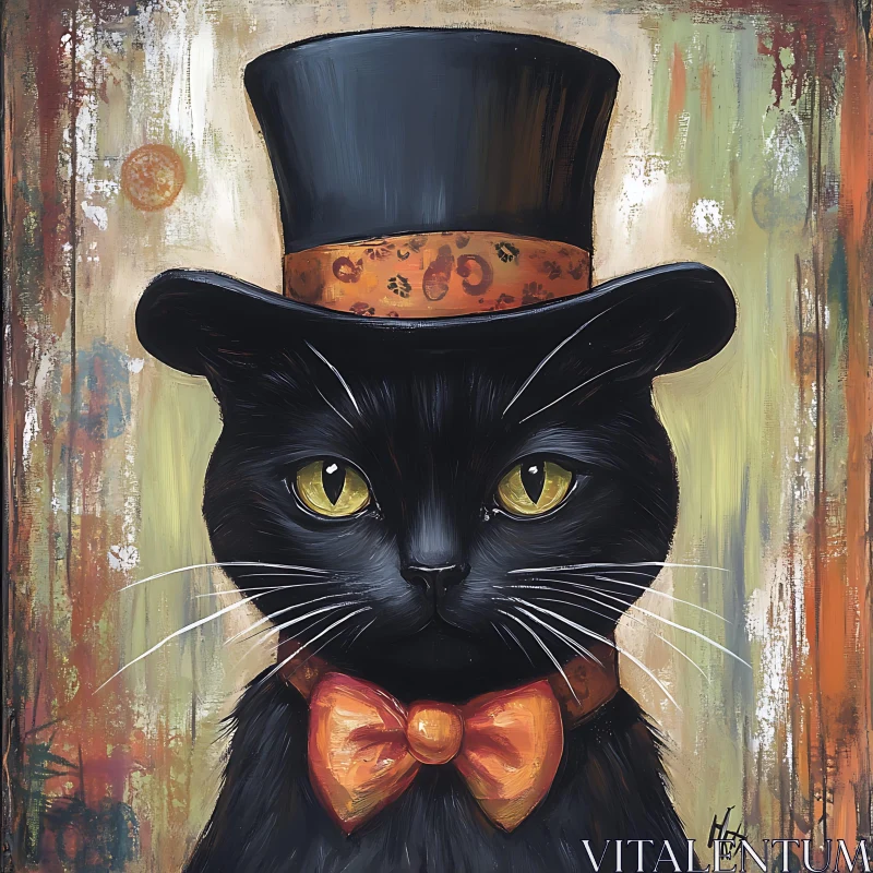 Black Cat in Top Hat and Bow Tie Painting AI Image