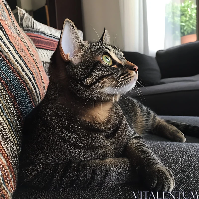 Green-Eyed Tabby Cat Lounging at Home AI Image