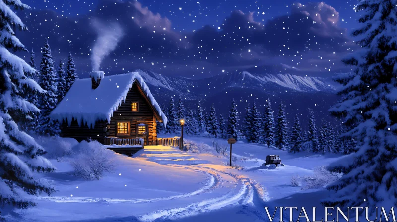 Cozy Cabin in Snowy Winter Landscape AI Image