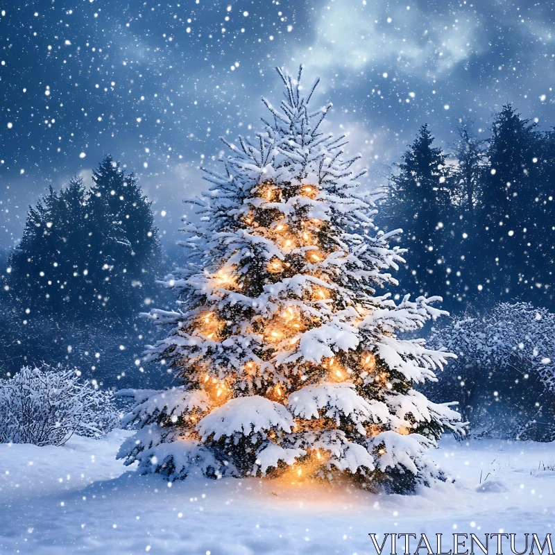 AI ART Snow-covered Christmas Tree with Lights