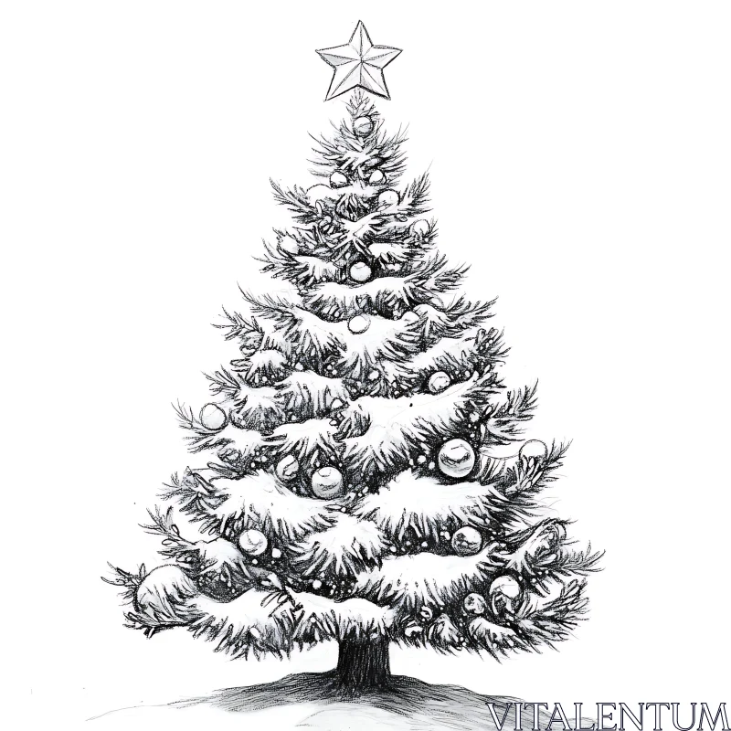 Intricate Black and White Christmas Tree Drawing AI Image