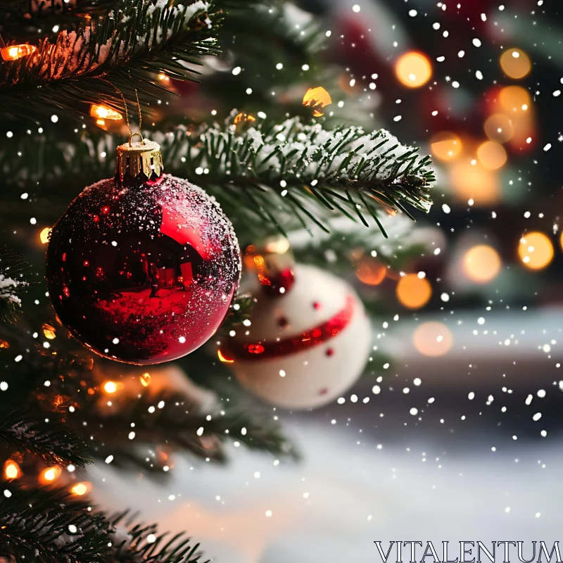 Snow-Covered Christmas Ornament on Tree with Holiday Lights AI Image