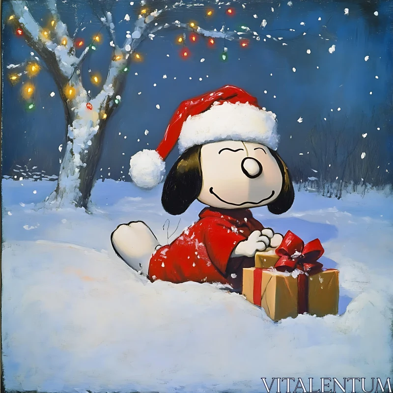 Joyful Dog with Christmas Gifts in Snowy Scene AI Image