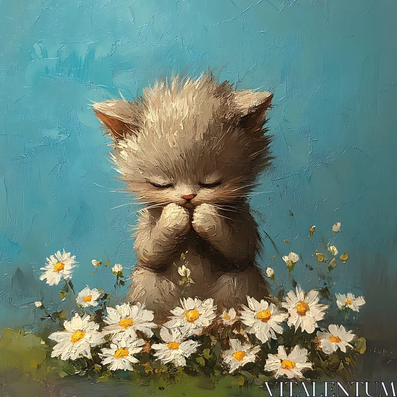 Cute Kitten with Flowers in Artistic Painting AI Image