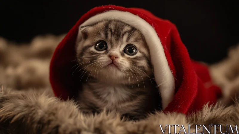 AI ART Festive Kitten Wearing Santa Hat on Fluffy Surface