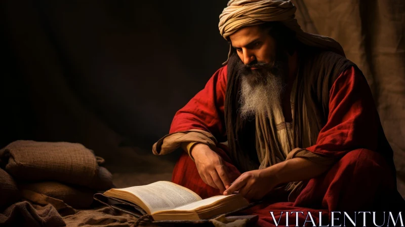 Ancient Scholar Reading a Book - Enigmatic Scene AI Image