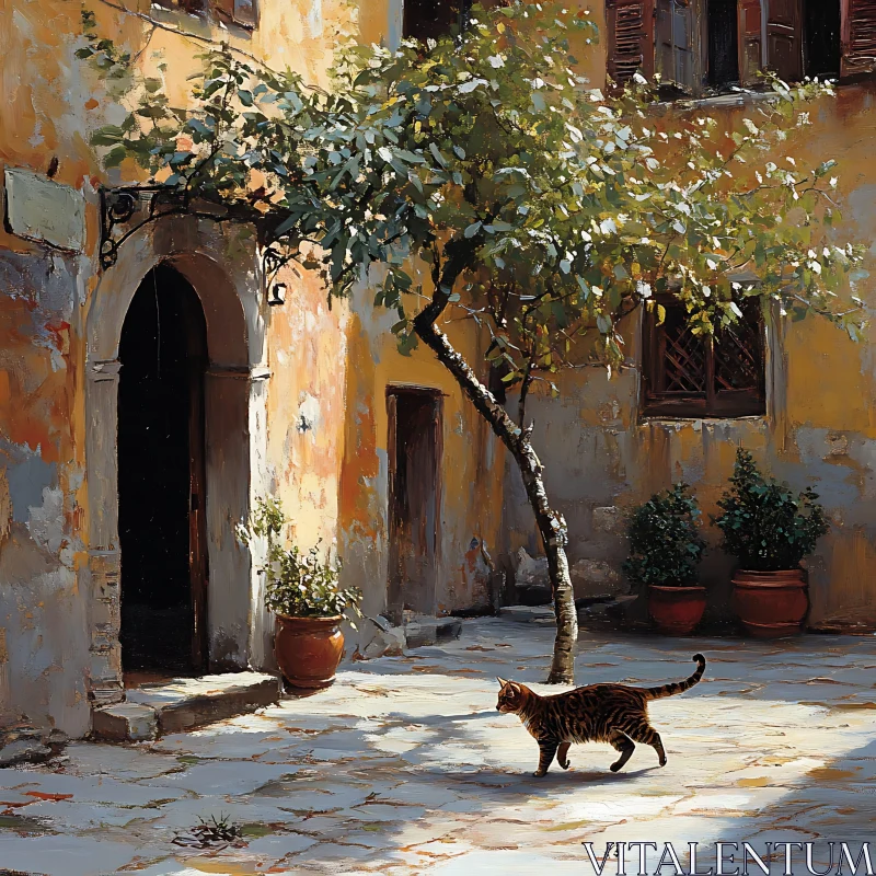 AI ART Tabby Cat Wanders in Sunlit Rustic Courtyard