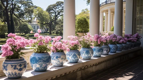 Classical Countryside Charm: Blue and White Vases with Pink Flowers