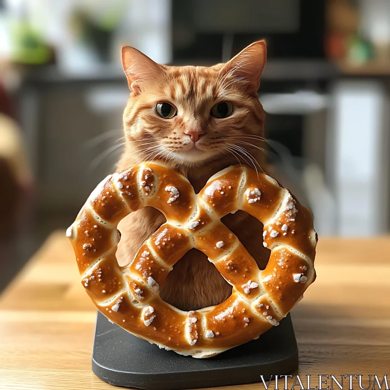 Adorable Ginger Cat Behind a Salted Pretzel AI Image