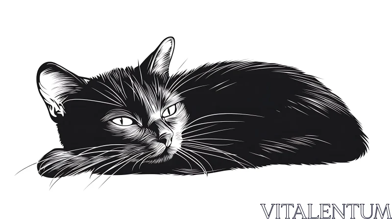 Minimalist Cat Art in Black and White AI Image