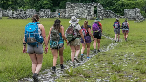Exploring Ancient Ruins: Women Walking in Jungle Landscape