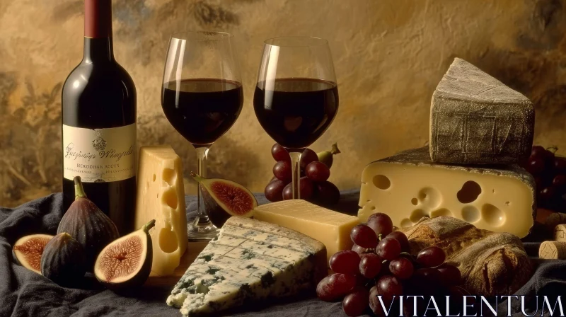 Exquisite Still Life: Red Wine, Cheese, Figs, Grapes on Wooden Table AI Image