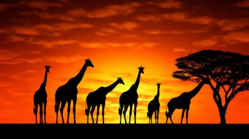 Golden African Sunset with Giraffes in Silhouette