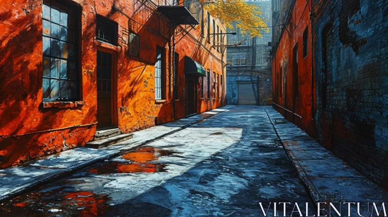 Realistic Painting of Urban Alleyway with Red Brick Buildings AI Image