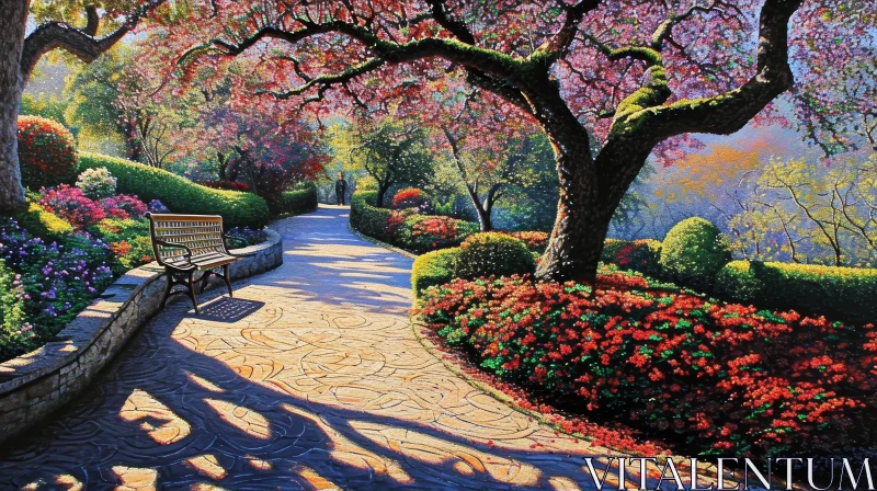 Serene Spring Park Landscape with Blooming Trees and Colorful Flowers AI Image