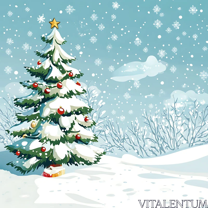 Festive Christmas Tree in Snowy Winter Scene AI Image